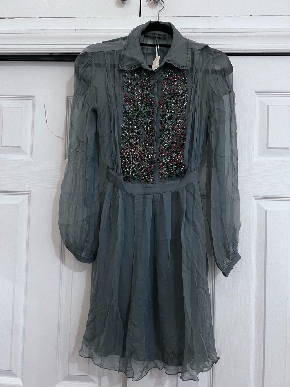 Alberta Ferretti Gray Long Sleeve Beaded Floral Dress